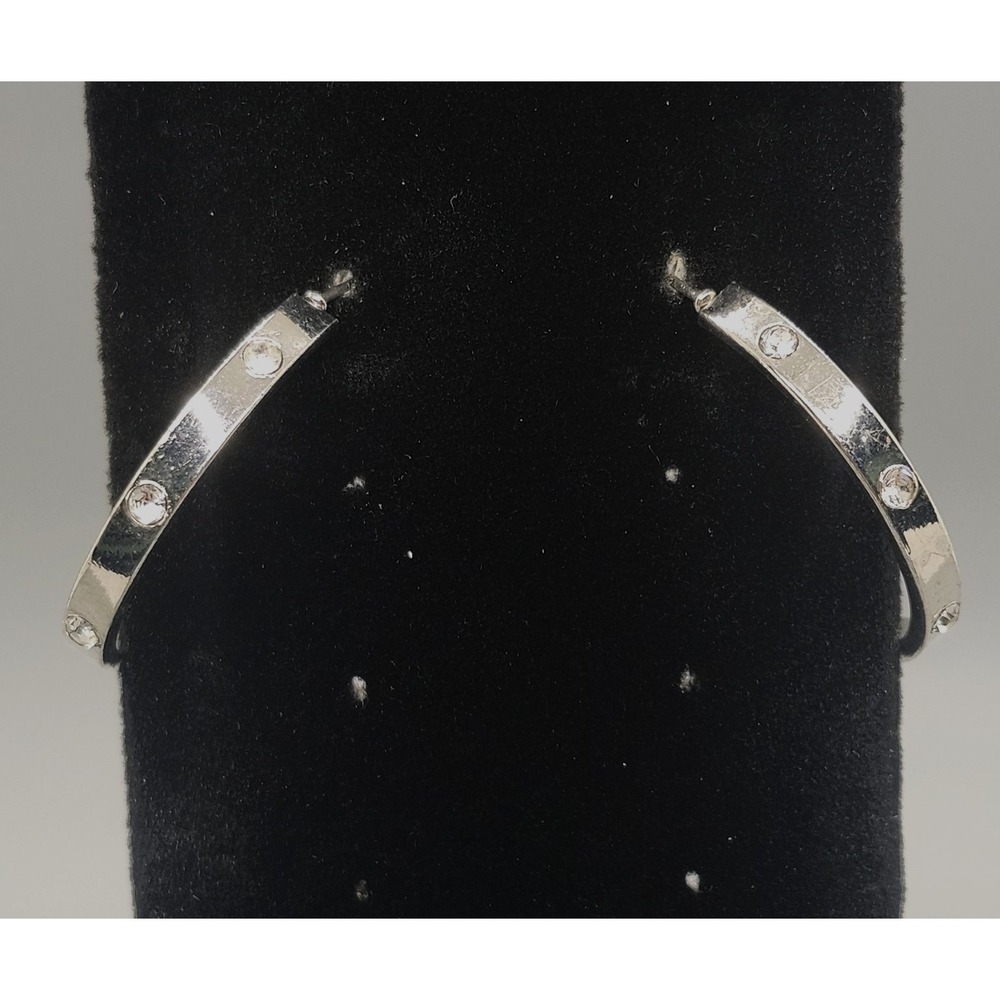 Silver Tone Rhinestone Hoop Earrings 1 Inch Dainty Fashion Jewelry Clear Stones